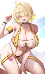 :d absurdres ahoge arm_up armband bikini black_choker blonde_hair breasts choker cleavage collarbone covered_nipples curvy elegg_(boom_and_shock)_(nikke) female goddess_of_victory:_nikke hair_intakes highres large_breasts maviss_03 navel oerba_yun_fang official_alternate_costume purple_eyes remote_control_vibrator sex_toy short_hair smile solo stomach suspenders swimsuit vibrator vibrator_in_thigh_strap yellow_bikini