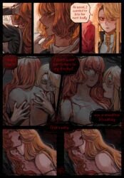 2girls bite bite_mark biting blonde_hair blood blood_in_mouth blush dark-skinned_female don_quixote_(limbus_company) female female_focus female_only freckles green_eyes ishmael_(limbus_company) kiss_mark kissing kissing_neck limbus_company maid maid_uniform mircalladesire orange_hair project_moon red_eyes sancho_(limbus_company) sweat tagme vampire vampire_girl yuri