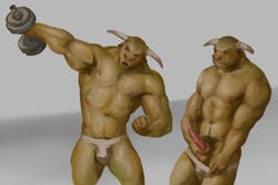 anatomically_correct animal_genitalia animal_penis anthro bovine bovine_penis cattle clothing dumbbell erection exercise flexing furry horn jockstrap male male_only mammal muscular nipples orcfun penis underwear weightlifting weights workout