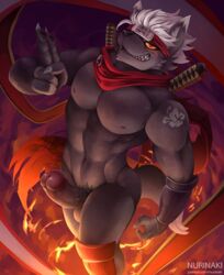 1boy anthro balls canine erection explosion hair headband humanoid_penis male male_only mammal mostly_nude nipples nurinaki pecs penis pubes retracted_foreskin scarf smile solo tadatomo teeth tokyo_afterschool_summoners uncut vein weapon