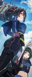 2girls android ass black_hair blue_jacket blue_sky commentary_request day female female_only from_below green_eyes green_hair gun hairband high-waist_pants highres holding holding_gun holding_weapon holster jacket looking_at_viewer maanu metal_hairband midriff multicolored_hair multiple_girls pants parted_lips police police_uniform policewoman ponytail qingyi_(zenless_zone_zero) red_eyes red_hair robot_girl shoulder_holster sky streaked_hair tight_clothes tight_pants weapon zenless_zone_zero zhu_yuan