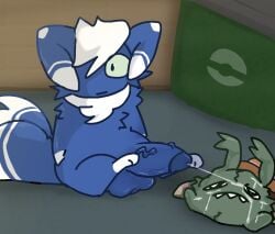 2_tails anthro balls blue_body bodily_fluids cum cum_on_face duo fan_character female generation_5_pokemon generation_6_pokemon genital_fluids genitals looking_upset male male/female meowstic multi_tail nakeilyar nintendo penis pokemon pokemon_(species) tail trubbish