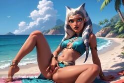 1girls ahsoka_tano ai_generated alien anklet armlet barefoot beach blue_eyes blue_sky bracelet breasts clone_wars clothing_aside cloud colored_skin day face_markings facial_tattoo feet female female_masturbation fingering hi_res humanoid jedi jewelry lips looking_at_viewer lucasfilm markings masturbation montrals navel nose ocean orange_skin outdoors palm_tree patreon_username progenarts pussy sand sitting sky small_breasts solo spread_legs star_wars star_wars_rebels swimsuit tentacle_hair toes togruta tree uncensored water web_address