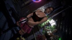 2girls 3d 3d_(artwork) absurd_res absurdres alternate_outfit bare_shoulders black_stockings blue_eyes braless cleavage collarbone emotionless emotionless_female expressionless gothic highres holding_gun holding_pistol huge_breasts jill_valentine miniskirt navel no_bra plaid_miniskirt plaid_skirt raining resident_evil resident_evil_3 short_skirt skimpy_clothes skirt tagme thong thong_above_skirt tomboyish tubetop wet_body