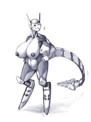 anthro big_breasts breasts cybernetics cyborg dragon female huge_breasts hyper hyper_breasts machine ndragon3 nipples nude pussy restricted_palette solo standing voluptuous