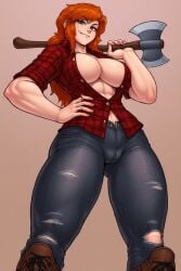 abs ai_generated axe belt female_only freckles ginger infinite_ai large_breasts long_hair looking_down lumberjack plaid_shirt simple_background solo sweat trees unbuttoned_shirt