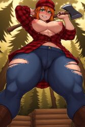 abs ai_generated axe belt female_only forest freckles ginger infinite_ai large_breasts long_hair looking_down lumberjack plaid_shirt solo sweat trees unbuttoned_shirt