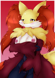 1girls anthro areolae belly big_ears blush breasts canine clitoris covering_breasts delphox female female_only fluffy fox furry gradient_background looking_away mystie navel nintendo nipples nude orange_eyes orange_fur original_character pink_background plushcrochet pokémon_(species) pokemon pokemon_xy pussy red_background red_fur sad solo standing video_games white_fur yellow_fur