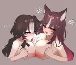 ... 2girls absurdres animal_ears bibi_biscuit blue_eyes blush bone braid braided_sidelock breasts breasts_squeezed_together brown_hair chisaka_airi colored_inner_hair cooperative_paizuri dog_ears floppy_ears geode_consumer grey_background highres huge_breasts large_breasts licking light-skinned_female light_skin looking_at_viewer multicolored_hair multiple_girls nipples notice_lines nude oerba_yun_fang open_mouth paizuri phase_alias phase_connect phase_saga raised_eyebrows red_hair simple_background simulated_paizuri skin_fang spoken_ellipsis streaked_hair teamwork_(sexual) virtual_youtuber white_hair wolf_ears yellow_eyes