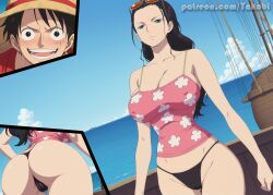 ai_generated ass big_ass big_breasts black_hair black_thong blue_eyes busty curvy curvy_body curvy_female curvy_figure fat_ass female male mature_female milf monkey_d_luffy nico_robin one_piece thick_thighs thong wide_hips