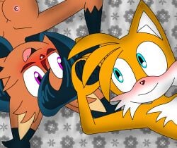 1boy 1girls bed blush holding_hands in_bed looking_at_another looking_at_partner miles_tails_prower naked nicole_the_lynx nude sonic_(series) sonic_the_hedgehog_(archie) sonic_the_hedgehog_(comics) sonic_the_hedgehog_(series) tails_the_fox