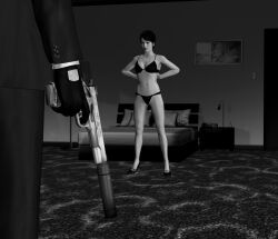 3d 3d_(artwork) agent_47 bare_shoulders black_hair cleavage collarbone dim1988 femsub greyscale hand_behind_back hitman hitman_absolution holding_gun large_breasts large_tits layla_stockton lingerie long_hair lowres maledom mature_woman navel suppressor xnalara