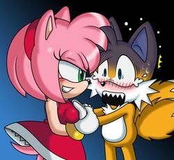 amy_rose blush breast_grab breasts canine clothing dress evil_grin female fox fur green_eyes hand_on_breast hedgehog male mammal nervous nude pink_fur seductive sega simple_background sonic_(series) sonictopfan straight tails young