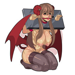 absurdres armband black_legwear blush bondage bound breasts brown_hair demon_horns demon_tail demon_wings female femsub fengmo_bojue full_body gag hair_between_eyes hanging_breasts highres horns huge_breasts kneeling lips long_hair naked_stockings navel nipples nude original pillory red_eyes red_horns red_tail red_wings seiza simple_background sitting solo stockings tail thighhighs tongue tongue_clamp tongue_forced_out tongue_gag tongue_out white_background wings