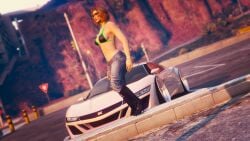 3d 3d_(artwork) absurd_res absurdres beautiful_woman black_bikini_top black_high_heel_boots bracelet brown_hair edited_screencap female_only femsub glasses grand_theft_auto grand_theft_auto_online gta_online_female_character high_heel_boots hyperspacedude jeans mature_woman navel posing rockstar_editor rockstar_games short_hair smiling sports_car standing summer tight_jeans unbothered wide_hips