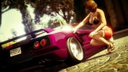 3d 3d_(artwork) absurd_res absurdres alternate_outfit bare_shoulders black_bikini_top cleavage collarbone femsub glasses grand_theft_auto grand_theft_auto_online gta_online_female_character high_heels hyperspacedude large_breasts large_tits miniskirt oblivious_sexualization red_miniskirt red_skirt rockstar_games short_skirt skirt source_request sports_car supercar text washing_car