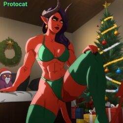 1girls abs ai_generated bikini bikini_bottom bikini_top breasts cel_shading cg christmas christmas_tree demon demon_girl demon_horns demon_tail dispatch_(game) earrings female green_clothing green_legwear horns legs legwear looking_at_viewer malevola_gibb medium_breasts muscle_tone muscles muscular muscular_arms muscular_female muscular_thighs no_irises pointy_ears protocat red-skinned_female red_body red_lips red_skin slim_waist smile tail thick_thighs thighhighs thighs toned toned_female yellow_eyes