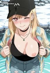 ;\\\\) ai_generated anime anime_style barbell_piercing baseball_cap black_choker black_headwear black_shirt blonde_hair blush bracelet breasts choker closed_mouth collarbone colored_tips denim ear_piercing earrings fake_nails female flashing gradient_hair hat hentai hi_res jeans jewelry kitagawa_marin large_breasts long_hair looking_at_viewer marin marin_kitagawa multicolored_hair my_dress_up_darling mystic_maidens necklace nipples one_breast_out one_eye_closed open_clothes open_shirt outdoors pants patreon patreon_username piercing pink_hair pink_nails red_eyes ring shirt shirt_pull smile snow solo sono_bisque_doll_wa_koi_wo_suru torn_clothes torn_jeans torn_pants water
