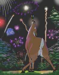alcohol alcohol_bottle anatomically_correct anatomically_correct_genitalia anatomically_correct_vulva animal_genitalia animal_vulva anus beverage bodily_fluids cervine cervine_genitalia champagne crouching deer detailed_background drinking female feral fireworks genital_fluids genitals hi_res mammal peeing raised_tail tail urine urine_stream vulva watersports wetting
