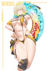 1girls absurdres armpits bare_shoulders blonde_hair breasts closed_mouth elegg_(boom_and_shock)_(nikke) elegg_(nikke) fangxiang_cuoluan female female_only goddess_of_victory:_nikke hair_intakes hair_over_eyes hand_on_own_hip highleg highres innertube large_breasts looking_at_viewer navel official_alternate_costume paid_reward_available purple_eyes short_hair simple_background skindentation smile solo standing stomach swim_ring thighs white_background