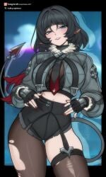 1girls artist_request black_border black_gloves black_hair black_nails blue_eyes border breasts fingerless_gloves gloves jacket jane_doe_(zenless_zone_zero) large_breasts lips looking_at_viewer midriff nail_polish navel necktie parted_lips pointy_ears red_nails short_hair shorts smile solo tail thighhighs torn_clothes torn_legwear zenless_zone_zero