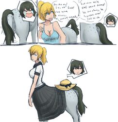 anus black_hair blonde_hair blue_eyes breasts centaur clothing comic dialogue duo equine equine_taur female hair hat mammal open_mouth ponytail post_transformation pussy sad shirt simple_background skirt standing taur tears white_background xxxx52