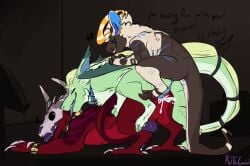2017 anal anal_sex animal_genitalia animal_penis anthro anthro_on_anthro anthro_on_feral anthro_penetrated anthro_penetrating anthro_penetrating_anthro anthro_penetrating_feral ass_up balls blue_penis bodily_fluids bone bovid brown_body brown_fur canid canine canine_genitalia canine_penis canis caprine closed_eyes collar cuff_(restraint) cum cum_in_ass cum_inside demon domestic_dog dragon ear_piercing ear_ring english_text erection feral feral_penetrated fur furred_dragon furred_scalie genital_fluids genitals goat green_body green_fur group group_sex horn hybrid knot knotted_penis leaking_cum male male/male male_anthro male_feral male_penetrated male_penetrating male_penetrating_male mammal meldritchhorror monster mythological_creature mythological_scalie mythology nude nude_anthro nude_male open_mouth open_smile penetration penile penile_penetration penis penis_in_ass piercing purple_penis red_body red_fur restraints ring_piercing scalie sex sheath sheep skull skull_head smile tan_body tan_fur teeth text tongue tongue_out train_position trio wings wrist_cuffs zoophilia