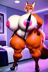 3d ai_generated ass bed big_ass big_breasts breasts disney fox gigantic_ass gigantic_breasts high_heels hotel hotel_room hunkbsaa massive_ass massive_breasts micro_bikini nick_wilde nipples pink_nipples prostitute prostitution rule_63 zootopia