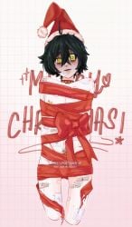 bite_mark black_hair blush bondage christmas degrees_of_lewdity femboy green_eyes hickey kylar_(dol) male male_focus male_only male_yandere ribbon scars self_harm_scars solo_male submissive submissive_male twink yandere