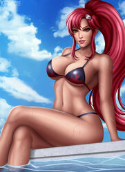 anime artist_logo artist_name athletic_female bikini bikini_bottom black_and_red_bra bra breasts brown_eyes cleavage clouds daytime deviantart_username female female_only flowerxl hands_behind_back highres legs_apart light-skinned_female light_skin lips long_hair looking_at_viewer no_pants no_shorts outdoors outside pink_lipstick pinup ponytail pool poolside red_hair sky_background smile solo supporting_hands swimming_pool swimsuit tengen_toppa_gurren_lagann thong url watermark wet wet_body yoko_littner