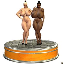 2girls 3d arms_up bare_shoulders big_breasts black_hair blonde_hair blue_eyes breasts brown_eyes busty chocolate_(xskullheadx) cleavage curvy dark-skinned_female dark_skin ear_piercing earrings erect_nipple erect_nipples eyelashes female female_only front_view hand_on_hip hands_on_hip hands_on_hips high_heels holding_hand hourglass_figure human indoors inside lipstick long_hair looking_at_viewer makeup multiple_females multiple_girls nail_polish naked naked_footwear naked_heels nude piercing ponytail pose posing red_lipstick room sally_(xskullheadx) shadow shaved_pussy simple_background spread_legs spreading standing tied_hair tree voluptuous white_background wide_hips xskullheadx yellow_hair