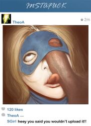 1boy 1girls 2014 big_penis blonde_hair brown_eyes cum cum_in_hair dc_comics erection eyes_rolling_back female kaihlan licking licking_penis male mask oral penis penis_under_mask social_media stargirl text tongue tongue_out veiny_penis