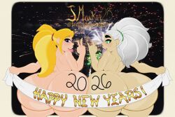 banner behind_view blonde_hair blue_eyes blush bottom_heavy breasts female female_only fireworks furiousart green_eyes j.monkey23 long_hair long_tongue lucy_(zrfurious) new_year nude nude_female ponytail rio_(j.monkey23) thick_thighs tongue tongue_out white_hair wide_hips writing_on_ass zrfurious