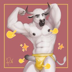 1boy abs beef big_penis bovine bulge cattle clothing erection facial_piercing flexing foreskin jockstrap male male_only mammal muscular nipples nose_piercing nose_ring penis piercing pose rov simple_background solo teasing uncut underwear yellow_underwear