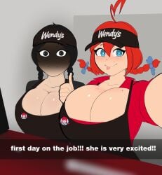 2girls big_breasts cleavage g3mma huge_breasts looking_at_viewer selfie snapchat text the_addams_family uniform visor wednesday_addams wendy's wendy_thomas