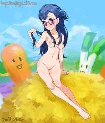 2018 :d barefoot blue_hair blush breasts carrot dated female full_body ginko_(silver_fox) glasses hair_bun hair_tousle hugtto!_precure innie_pussy long_hair looking_at_viewer medium_breasts navel nude open_mouth precure pretty_cure purple-framed_eyewear pussy semi-rimless_eyewear side_bun sitting small_breasts smile spring_onion under-rim_eyewear watermark web_address yakushiji_saaya