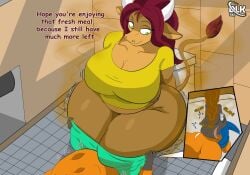 anthro ass ava_(story_delight) big_breasts big_butt bovid bovine breasts cattle eating_feces facesitting fart fart_fetish feces feces_in_mouth female huge_breasts huge_butt male male/female mammal scat scat_inflation sitting_on_another story_delight thick_thighs toilet toilet_use