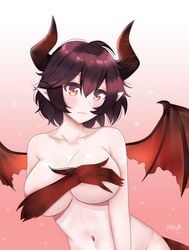 absurdres blush brown_eyes brown_hair covering covering_breasts dragon_girl dragon_horns dragon_wings female frown granblue_fantasy grea_(shingeki_no_bahamut) highres horns large_breasts looking_at_viewer navel nude pointy_ears shingeki_no_bahamut short_hair solo wings xxalisa