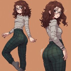 ai_generated ass ass_focus brown_eyes brown_hair bubble_ass circle_glasses cute female female_focus female_only geek glasses kyokalovesxo light-skinned_female light_skin moles nerd nerdy_female pajama_pants pajamas pale-skinned_female petite petite_body petite_female pretty_face round_butt shoulder_length_hair skinny small_breasts soft younger_female