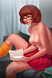 1girls areolae bob_cut book breasts brown_hair casual_nudity casual_topless chubby couch erect_nipples female female_only freckles glasses indoors kneehighs mavezar medium_breasts nerd nipple_piercing nipples nonsexual_nudity reading scooby-doo short_hair single_nipple_ring sitting skirt socks solo topless velma_dinkley