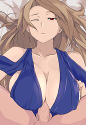 1boy artist_name bare_shoulders big_breasts blue_dress breasts brown_hair cafekun clothed_female_nude_male dress emotionless expressionless female granblue_fantasy highres katalina_aryze large_breasts long_hair looking_at_viewer lying nude on_back one_eye_closed paizuri paizuri_under_clothes penis pov red_eyes straight testicles