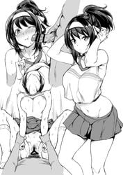 1boy bangs bar_censor blush breasts censored cheek_poking cheerleader collarbone cowgirl_position crop_top crop_top_overhang cum cum_in_pussy eyebrows_visible_through_hair female greyscale hairband hips large_breasts midriff miniskirt monochrome multiple_views mushi024 navel nipples no_bra one_eye_closed penis penis_on_cheek penis_on_face pleated_skirt poking pubic_hair pussy scarf sex shirt_lift short_hair short_ponytail short_shorts shorts skirt straight suzumiya_haruhi suzumiya_haruhi_no_yuuutsu sweat thighs vaginal_penetration waist wrist_grab