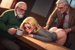 1girls 2boys 2on1 age_difference age_gap ai_generated bent_over bent_over_table blazer blonde-haired_female blonde_female blonde_hair blonde_hair_female blush blushed_face blushing_female bottomless bottomless_female bottomless_girl bottomless_teen bottomless_woman closed_eyes coffee coffee_mug dominant_male dominated domination eyeliner fuck_meat fuck_pussy fucked_from_behind fucked_into_submission fucked_silly fucking getting_fucked getting_pounded grey_sweater helpless helpless_female helpless_girl horny_grandpa horny_old_man mascara old old_male older older_male older_male_and_younger_female older_penetrating_younger penetrating penetrating_pussy penetration penetration_from_behind perfect_ass punished punishment punishment_sex raped_female raped_girl senior seniorolder_male surrender surrendering surrendertears tie watch watched watching watching_sex white_beard