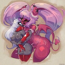 2024 angel arm_grab armwear back_wings big_breasts blue_sclera blush bodily_fluids breasts clothing covering covering_mouth demon demon_humanoid dominant dominant_female duo elbow_gloves elbow_gloves_only emily_(hazbin_hotel) female female/female finger_fuck fingering from_behind_position genital_fluids genitals gloves gloves_only grey_body grey_skin hair handwear handwear_only hazbin_hotel hellaverse helluva_boss hi_res horn horn_markings horned_humanoid huge_breasts humanoid lactating larger_female legs_together legwear long_hair markings medium_breasts mostly_nude nipples one_eye_closed open_mouth open_smile pink_body pink_skin questionable_consent reach_around red_armwear red_clothing red_elbow_gloves red_gloves red_handwear red_legwear red_thigh_highs saliva seraph_(angel) sex size_difference smaller_female smile spade_tail star_(marking) stormrayneart submissive submissive_female succubus sweat tail tears thigh_highs thigh_highs_only vaginal_fluids vaginal_penetration verosika_mayday vulva white_hair winged_humanoid wings yellow_sclera yuri