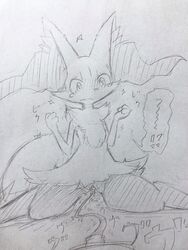 ! 1girls 3_fingers animal_ears animal_genitalia belly big_ears blush braixen canine constricted_pupils female female_only flat_chest fox fox_ears furry greyscale hands_up highres insertion looking_away masturbation monochrome nintendo no_humans no_nipples nose_blush nude paws pokémon_(species) pokemon pokemon_(species) pokemon_xy pussy pussy_juice remote_control remote_control_vibrator sex_toy simple_background sitting sketch solo speech_bubble spread_legs tears text thick_thighs traditional_media translation_request trembling uncensored vaginal_object_insertion vaginal_penetration vibrator vibrator_cord wariza wavy_mouth wet white_background wide_hips