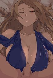 1boy artist_name bare_shoulders big_breasts blue_dress breasts brown_hair cafekun clothed_female_nude_male dress emotionless expressionless female granblue_fantasy highres katalina_aryze large_breasts long_hair looking_at_viewer lying nude on_back one_eye_closed paizuri paizuri_under_clothes penis pov red_eyes straight sweat testicles