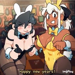 2girls animated areolae black_hair blush braided_hair bunnysuit closed_eyes earrings fake_animal_ears fake_tail flashing flashing_breasts large_breasts looking_at_viewer looping_animation lucia_(scott_malin) mia_(scott_malin) nipples open_mouth open_smile playboy_bunny ponytail presenting_breasts scott_malin showing_breasts tail tan-skinned_female tied_hair tongue tongue_out white_hair