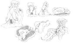 anthro black_and_white bondage bound crouching feline female forced living_suit mammal monochrome multiple_poses penetration pose pussy sketch solo sorrynothing tentacle vaginal_penetration