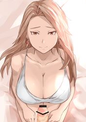 1boy bar_censor breasts brown_eyes brown_hair cafekun censored cleavage clenched_hands earrings female granblue_fantasy highres jewelry katalina_aryze large_breasts long_hair looking_at_viewer penis pov red_eyes seiza sitting straight thigh_gap uncomfortable