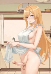 ahoge apron at background bangs blonde_hair blue blush breasts closed erection eyebrows eyes female foreskin frilled full-package futanari hair large long looking medium mouth naked penis phimosis sideboob simple smile solo testicles through uncensored veins viewer visible white